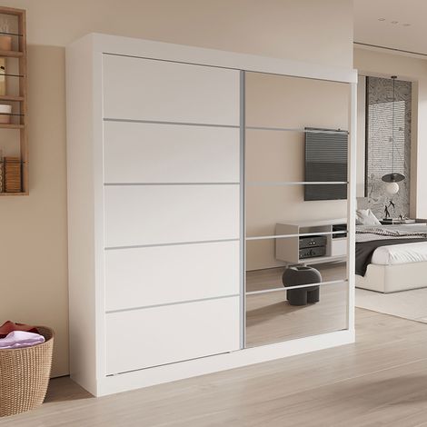M&S – Armoire blanche avec miroir 183 x 53 x 198 cm – Espace de rangement optimisé – Design minimaliste pour chambre moderne