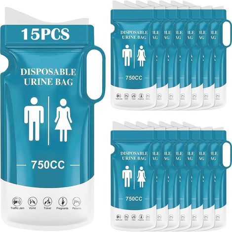 15 Pièces Sacs à Urine Jetable, 750ml Urinoir Femme Portable avec Poignée, Portables Sacs à Pot de Chambre Adulte, Sac a Vomi pour Homme Enfant pour Le Camping, Voyages, embouteillages (1/5)