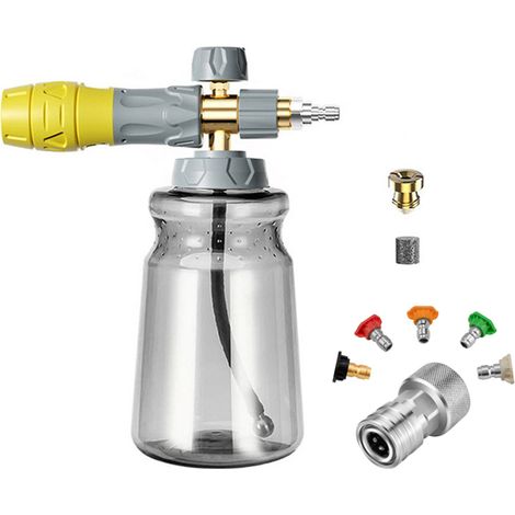 Canon à mousse 1L pour nettoyeur haute pression, pulvérisateur réglable kit lavage auto, orifices 1,2/1,25 mm, adaptateur 3/4" 1/4" + 5 buses colorées (1/5)