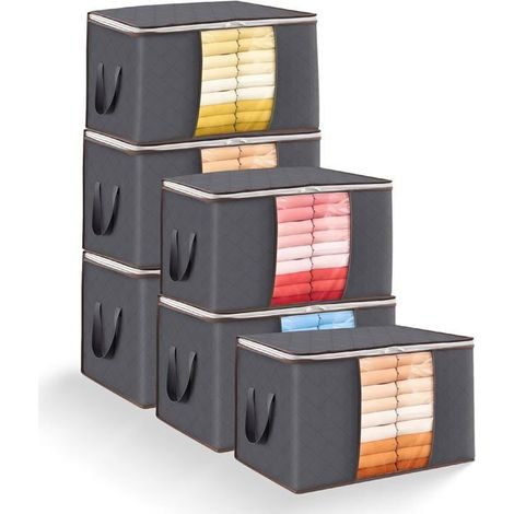 Lot de 6 sacs de rangement pliables pour vêtements Boîte de déménagement pour couvertures/couettes, poignée renforcée (gris) (1/5)