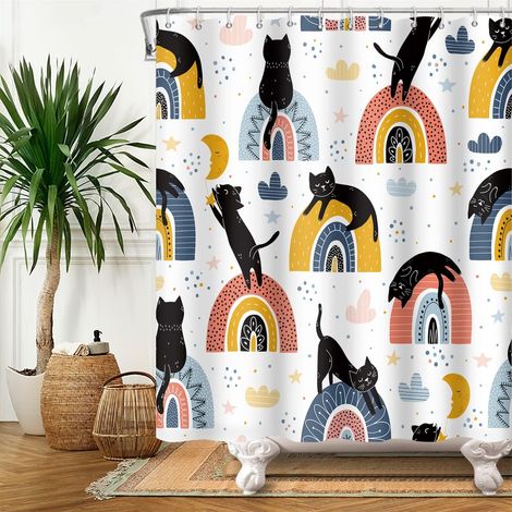 180x213cm Mignon Animal Rideau de Douche Abstrait Chat Noir Coloré Arc-en-Ciel Bain Animaux Domestiques pour Enfant Salle de Bain avec Crochets (1/5)