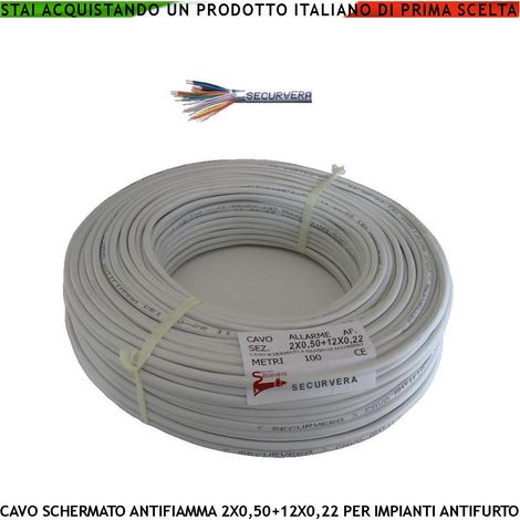 Cavo Flessibile Antifurto Schermato 2X0,50+12X0,22 mm² Guaina PVC Bianco Prot. Alluminio/Poliestere Drenaggio Conduttore Fili 7 Ø 0,19 mm Twistato Per Impianti di Allarme Antifurto Norma CEI 20/22-III (1/2)