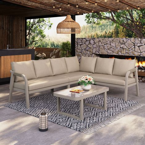 Gartenmöbel-Set aus Stahl und Polyester, 6-Sitzer, Beige, mit Ecksofa und Glastisch (1/5)