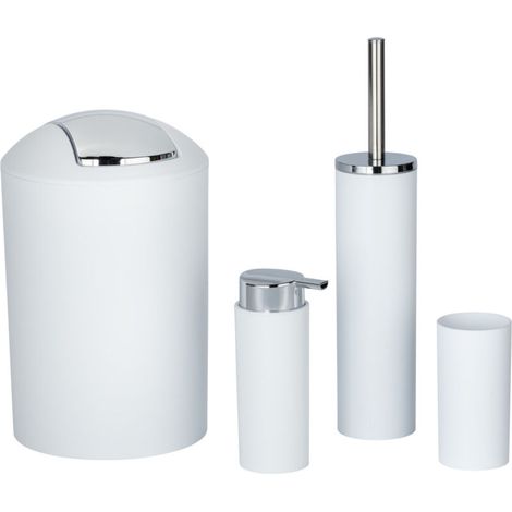 Set de 4 accessoires salle de bain – Distributeur de savon liquide – Gobelet brosse à dents – Brosse WC – Poubelle 6,5L – Plastique blanc