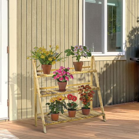 Support pliable pour plantes, porte-pots en bois de sapin, étagère extérieure à 3 niveaux, 100 x 37 x 93 cm