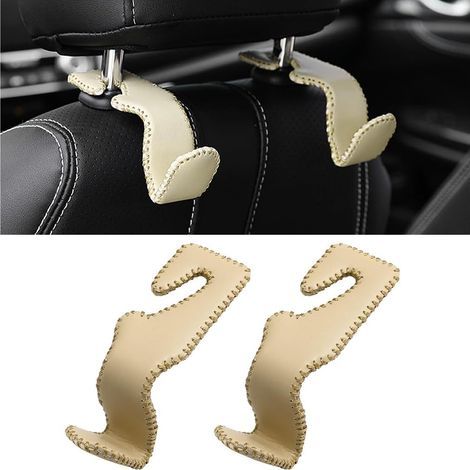 Lot de 2 crochets de dossier de siège auto en cuir de qualité supérieure, fixations durables pour appuie-tête, accessoires intérieurs de voiture, crochet pour sac à main (beige) (1/5)