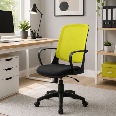 Sedia con ruote Arcola, Poltrona operativa a rete con braccioli, Seduta ergonomica da ufficio, 61x60h99/108 cm, Nero e Giallo (1/4)