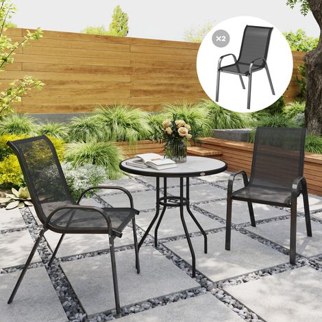 Set di 2 sedie da giardino impilabili con schienale alto e tessuto a rete traspirante, struttura in acciaio, 54 x 71 x 93 cm, nere.