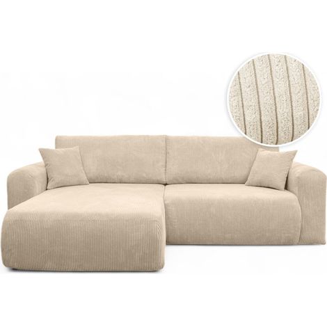 Loungitude – Canapé convertible d'angle réversible 4 places en velours côtelé – Coffre de rangement intégré – Fabrication européenne – Beige (1/5)