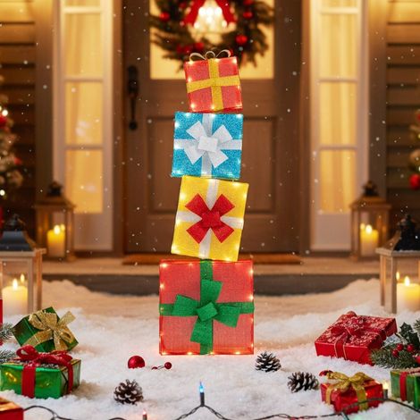 4 boîtes cadeaux de Noël lumineuses à n uds multicolores en métal avec 48 LEDs blanc chaud pour jardin, porche et salon (1/5)