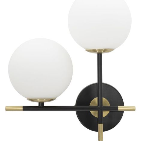 Applique Darky Double a 2 luci in ferro nero e oro con sfere in vetro bianco