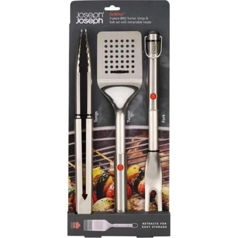 GrillOut™ Joseph Joseph, set per barbecue da 3 pezzi de, con forchettone, spatola e pinze, manico retrattile, acciaio inox, scarico del grasso de, utensili staccabili - acciaio inox