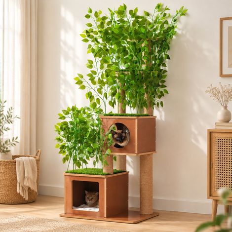 Rascador para gatos en forma de árbol 175 cm con 2 cuevas, 2 plataformas y sisal, marrón/verde (1/5)