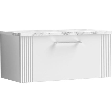 Belvide Partial Fluted 1 Drawer Wall Hung Vanity Unit with Carrera Marble Laminate Worktop - 800mm - Satin White