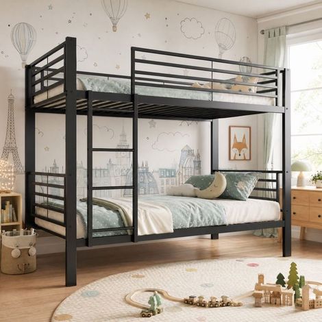 Lit superposé 90 x 200 cm, transformable en 2 lits simples, métal, échelle réversible, charge max. 350 kg, noir (1/5)