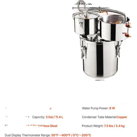 Distillateur d'alcool, construction en acier inoxydable, système à double condenseur, 3 gallon (1/2)