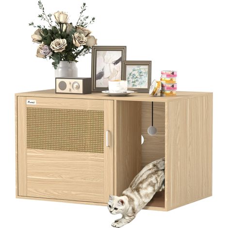 Mueble Arenero pour Chats avec Tapis à Gratter et Porte en Rotin 80x50x50 cm en Chêne élégant et fonctionnel (1/5)