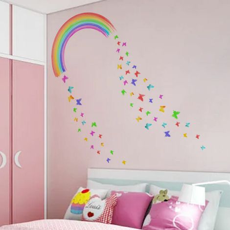 2pièces Stickers Muraux Arc-en-ciel Colorée,Sticker Mural Papillons Chambre D'enfant/Bébé,Autocollants Mural Enfants Aquarelle, Amovible Autocollant Muraux Arc-en-ciel pour Chambre de Filles D (1/4)