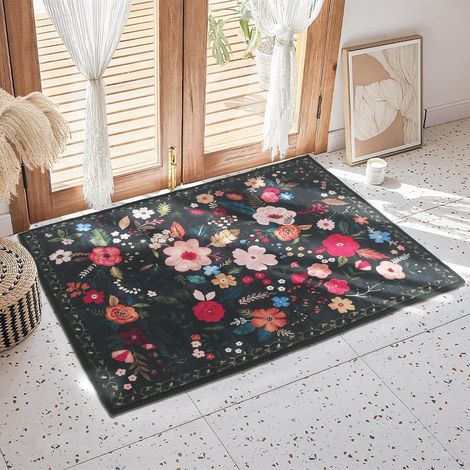 JSSEVN - Bohemian floral doormat 40 x 60 cm, machine washable, non-slip, waterproof entrance mat for hallway, kitchen, front door (black) (1/5)