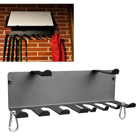Support mural double couche multifonctionnel pour élastiques de résistance, en acier inoxydable, pour le rangement d'équipements de fitness à domicile. (1/5)