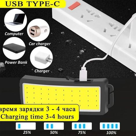 Lampe de poche LED COB pour sauna,batterie intégrée,aste par USB,lanterne de camping et de pêche,3 modes-Packing B 1PC (1/5)