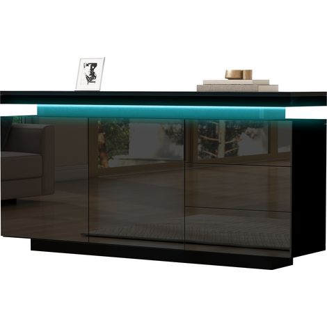 Aparador moderno con LED 2 puertas y 3 cajones acabado brillo negro 140 x 35 x 72,5 cm HOMVRA (1/5)