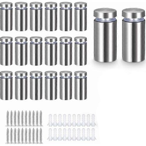 Entretoises Verres - 20 pièces - 12x20 mm - Vis pour entretoises Verres - Crochets pour panneaux en plexiglas - Fixations murales - Clou Verres - Acier inoxydable - Argent - Pour suspendre des cadres  (1/5)