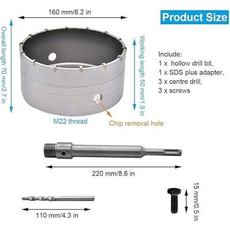 160mm Scie à Cloche Bi-Metal pour Carrelage Beton, Scies Cloches Carotteuse Trépan Beton, avec Adaptateur SDS Plus 220 mm et 3 Foret de Centrage 110 mm (160MM), (1/5)