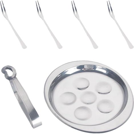 Assiette escargots inox 6 trous + 4 fourchettes + pince, ustensiles cuisson four/professionnel