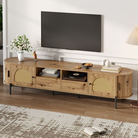 Meuble TV ovale rotin naturel 200x40x49.5cm, 2 portes coulissantes + 2 portes battantes + 2 tiroirs + pieds métalliques (1/5)