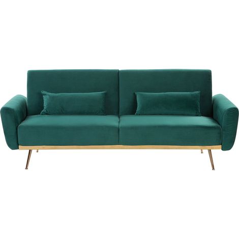 Sofá cama tapizado en terciopelo verde 3 plazas patas de metal cojines adicionales retro Eina