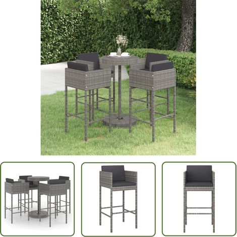 The Living Store Ensemble de bar de jardin 5 pcs et coussins Résine tressée Gris - Ensemble De Salon De Jardin - Mobilier De Jardin - Set De Bar Extérieur - Table Basse Extérieure - Chaises De Jardin (1/5)