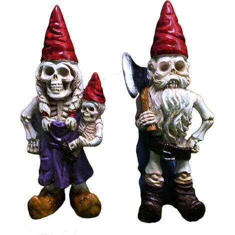 Statue De Squelette De Gnomo - Résine Antiquisée - Décoration Halloween Extérieur Intérieur - Lot De 2 (1/5)