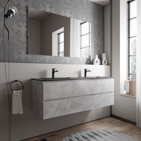 Unterschrank Bernstein AVA 160cm Badmöbel: Beton, Mineralguss Waschbecken CREAM Schwarz matt mit Hahnloch