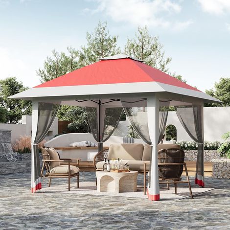 Tonnelle Pliante de Jardin 4x4 m avec Moustiquaire 4 Côtés, Double Toit Ventilé, Cadre Acier, Anti-UV et Imperméable, Rouge (1/5)