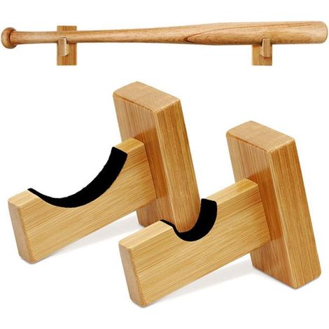 Support mural en bois pour 2 battes de baseball, présentoir horizontal artisanal, doublure feutre, fixation murale, solide et élégant. (1/5)