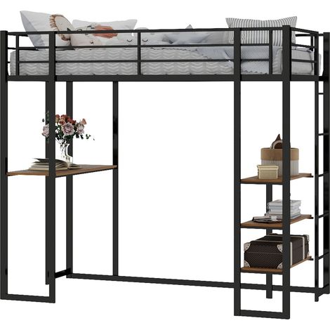 Hochbett aus schwarzem Eisen 90 x 190 cm mit Schreibtisch und Leiter (1/5)