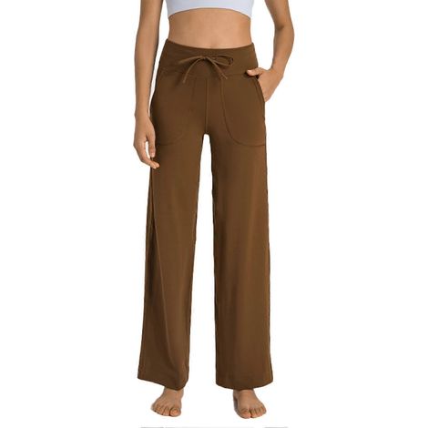 Pantalon décontracté à jambes larges et cordon de serrage pour femme, avec poches latérales, effet ventre plat, coupe droite, idéal pour le yoga, le fitness et les activités physiques. Couleur : marro (1/4)