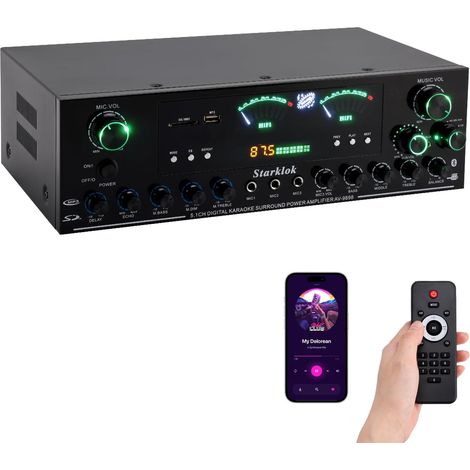 Amplificateur stéréo 5.1 canaux 3000 W, caisson de basses Home Cinéma avec Bluetooth 5.0, lecture USB/SD, trois entrées microphone