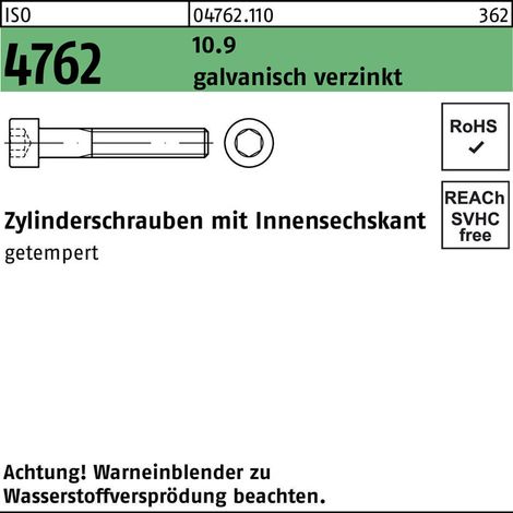 ISO 4762 Zylinderschrauben 10.9 M 5 x 55 galvanisch verzinkt A2F, getempert gal Zn S 100 Stk