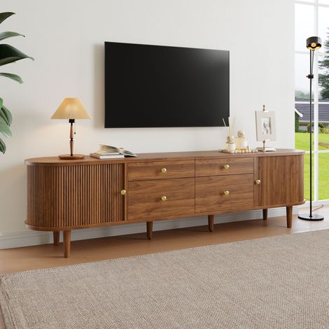 Meuble TV 180x35x50 cm - 4 tiroirs et 2 portes coulissantes - Pieds en bois et poignées en métal - Marron (1/5)