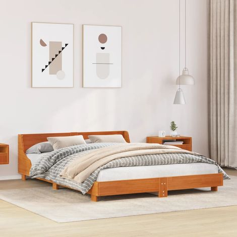 Cama sin colchón madera maciza pino marrón cera 150x200 cm