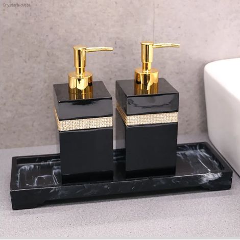 Ensemble de 3 pièces : Flacon de gel douche/savon/flacon de lotion/porte-brosse à dents orné de strass européens (400-500 ml), accessoires de salle de bain. (1/5)