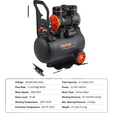 Compresseur d'air silencieux VEVOR, capacité de 9,3 gallons, puissance de 2,5 HP (1/2)