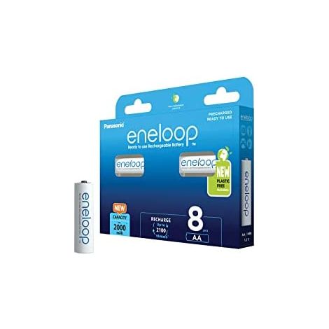 eneloop, Pilas Recargables AA/Mignon, Paquete de 8, Capacidad de mín. 2000 mAh, Pilas Ni-MH, Listas para Usar, Recargables hasta 2000 Veces, Embalaje sin plástico, Standard, Blancas