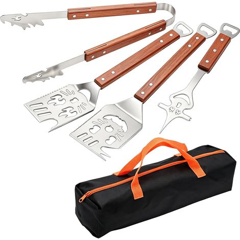 4 Ustensiles de Barbecue avec Sac de Transport, Outils de Barbecue Comprend une Pince à Barbecue, Une Spatule, Une Fourchette à Viande, Pour le Barbecue en Plein air, Le Camping (1/5)
