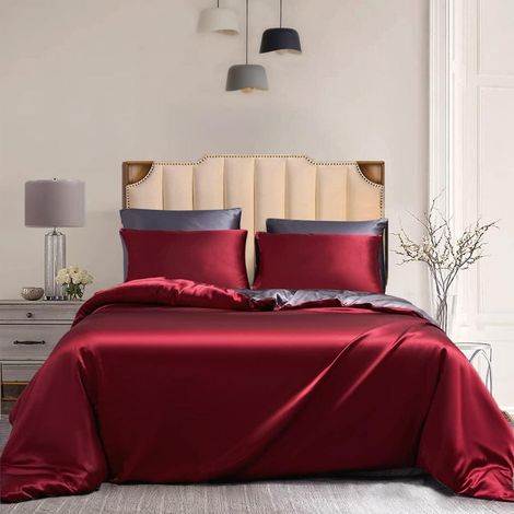 Bettwäsche-Set 3-teilig Rot Grau 155x220cm Glanzsatin Wendebettwäsche mit Reißverschluss