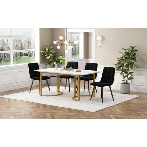 Ensemble salle à manger 5 pièces table 140×80 cm pieds métal doré plateau MDF blanc,chaises en velours noir.