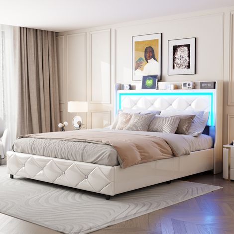 Lit coffre 140 x 200 avec LED et ports USB, lit 2 personnes avec sommier et rangement, lit 140 x 200 avec sommier en bois salé, levier hydraulique, blanc (1/5)