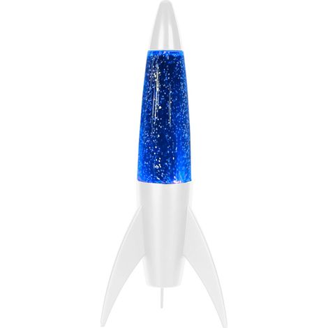 LAMPARA GLITTER FORMA DE COHETE CON BASE BLANCA Y LUZ AZUL